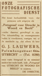717215 Advertentie van de directie van het weekblad 'Utrecht in Woord en Beeld', Boothstraat 3 te Utrecht, met de ...